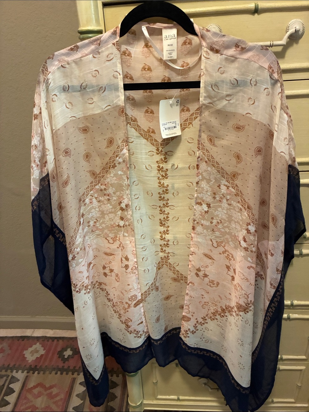 a.n.a Navy and Cream Sheer Floral Paisley Open Kimono